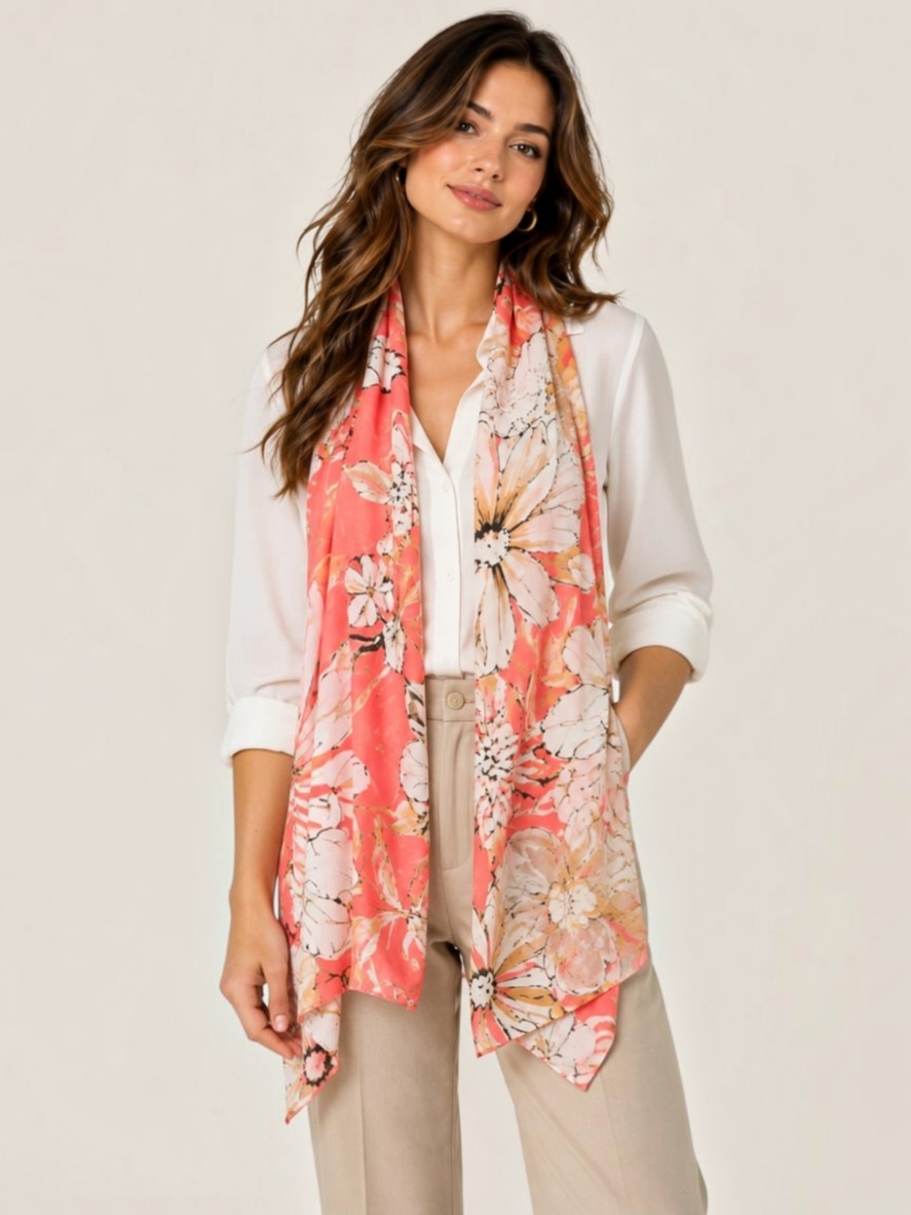 I.N.C. International Concepts Sketched Floral Pashmina Scarf Shawl Coral NWT